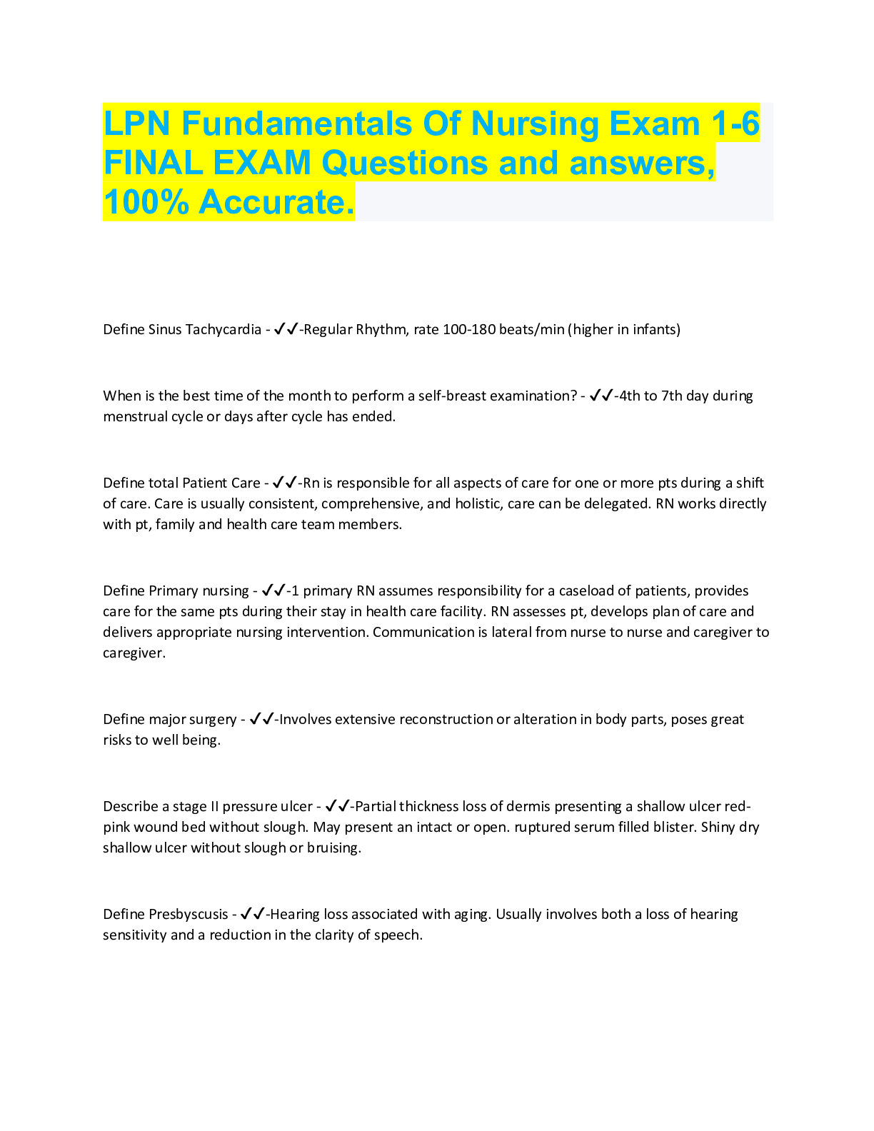 Preview image for LPN Fundamentals Of Nursing Exam 1-6  FINAL EXAM Questions and answers,  100% Accurate.